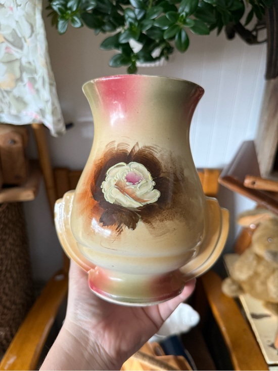 Vintage Other - Hand-Painted Floral Ceramic Vase in Cream and Pink